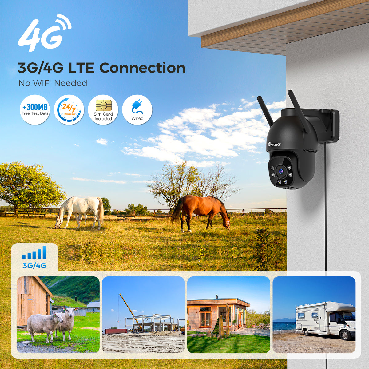 3G/4G LTE Cellular Security Camera Outdoor, No WiFi with Sim Card, PTZ IP CCTV Camera