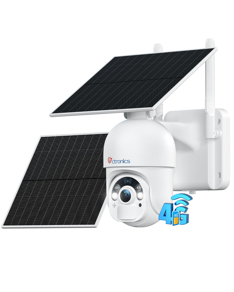 Ctronics【2 * 6W Solar Panels】2K 3MP PTZ CCTV 4G LTE Cellular Security Camera with SIM Card, 10400mAh Rechargeable Battery