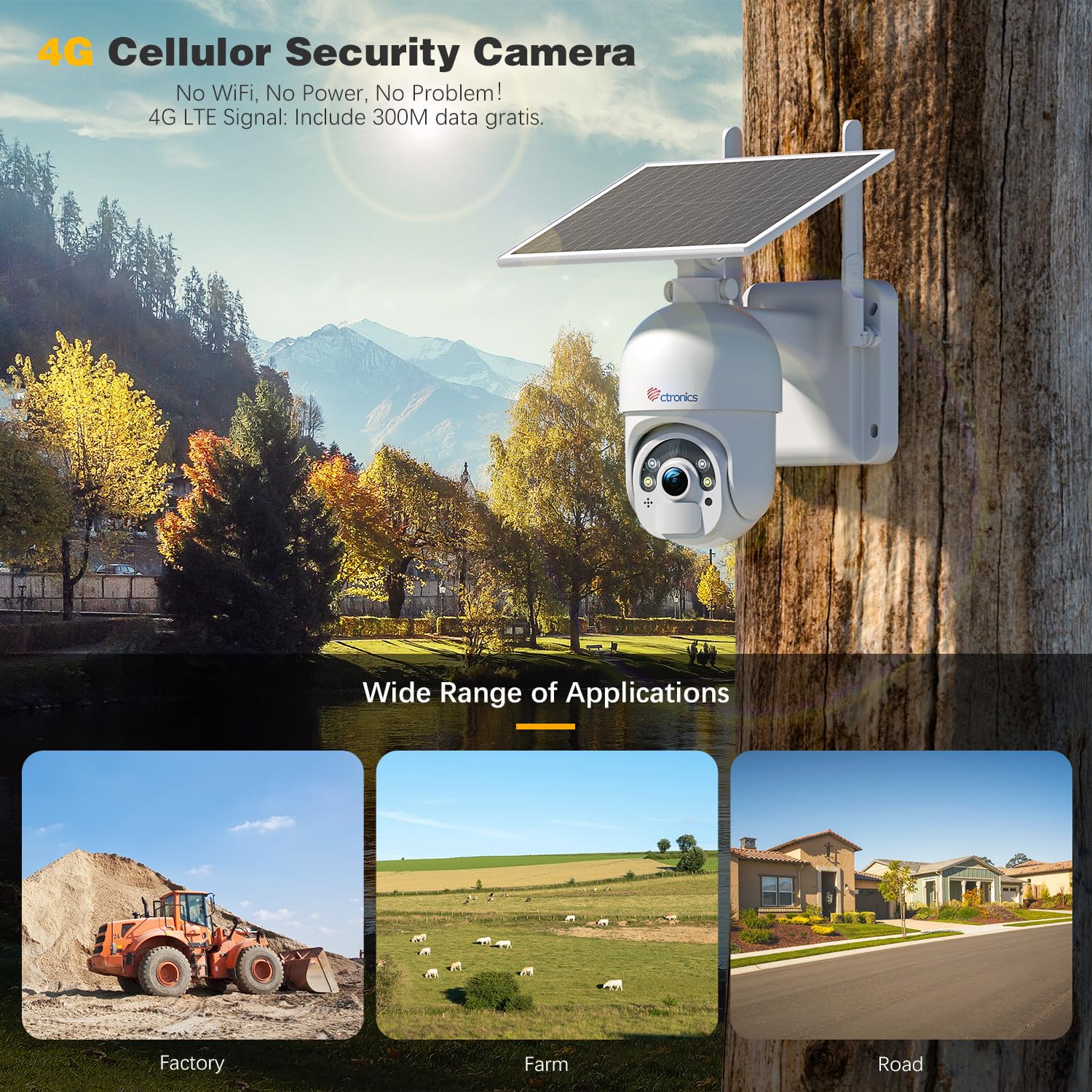 Ctronics 4G No WiFi Security Camera, Wireless 3G/4G LTE Camera Outdoor Solar with Sim Card【2,5K HD, PTZ, IP66】PIR Human Detection