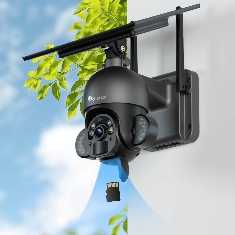 Ctronics 2K 4MP 100% Wireless Solar Panel PTZ camera with PIR Sensor Human Detection - uk.ctronics